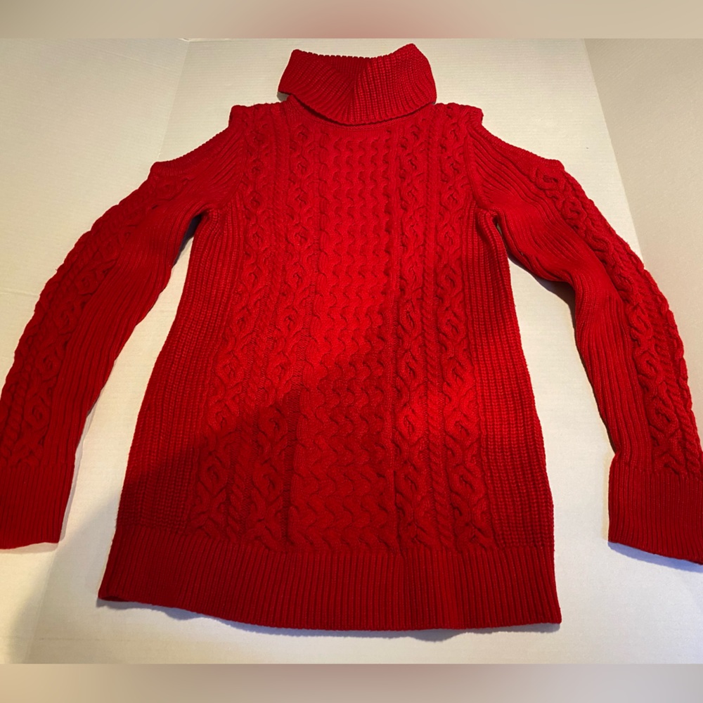 Womens Ruff Hewn Cold Shoulder Cable Knit Turtleneck Sweater Size Large Red